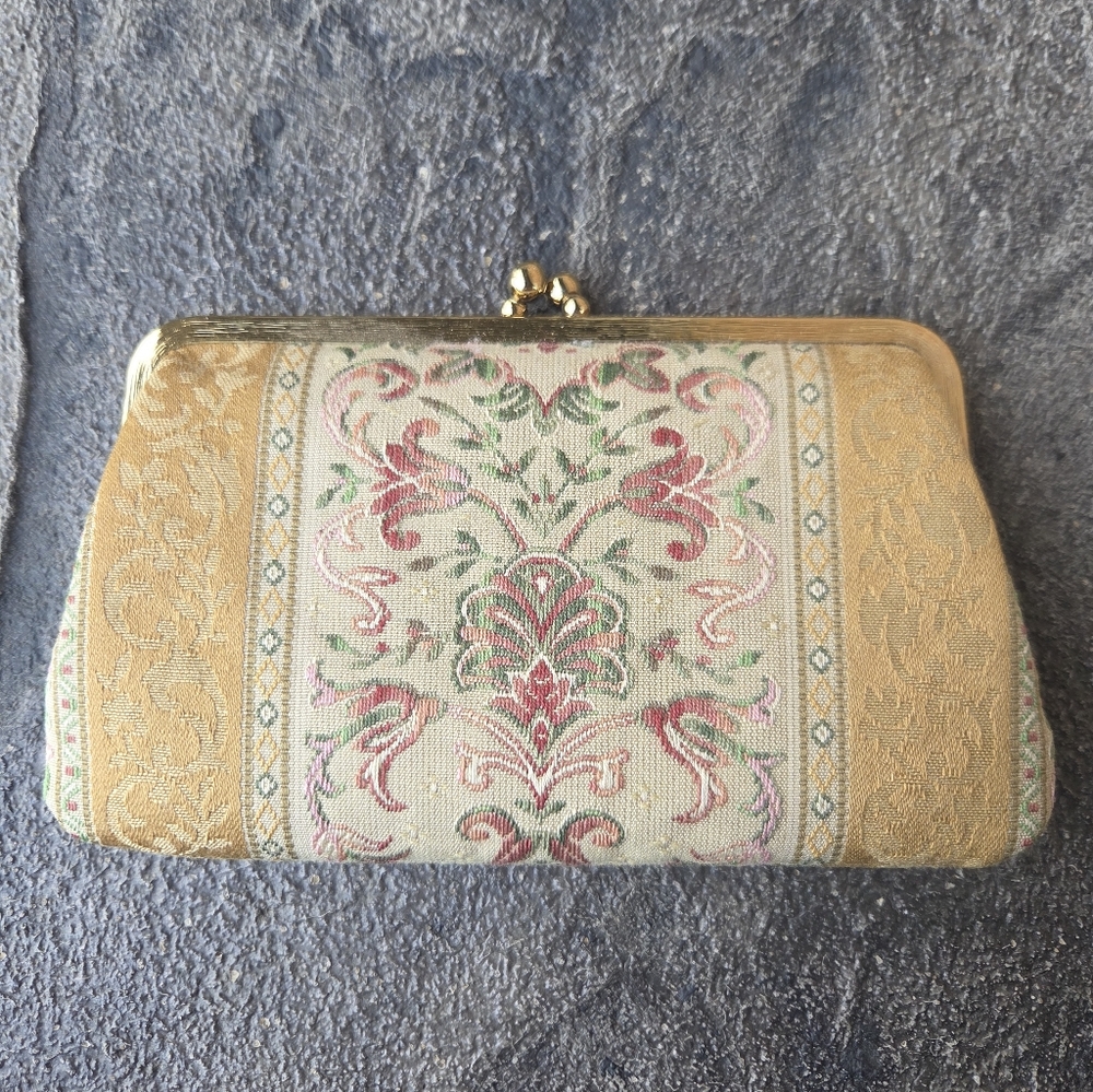 Vintage Gold Brocade Floral Clutch Wallet